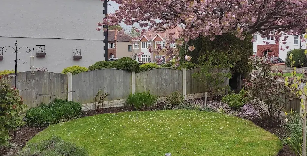 A neatly maintained Wirral front garden with a circular lawn, planted borders and a cherry blossom tree in bloom